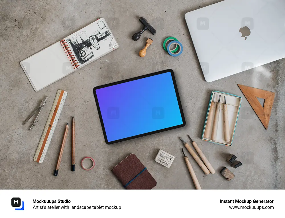 Artist's atelier with landscape tablet mockup