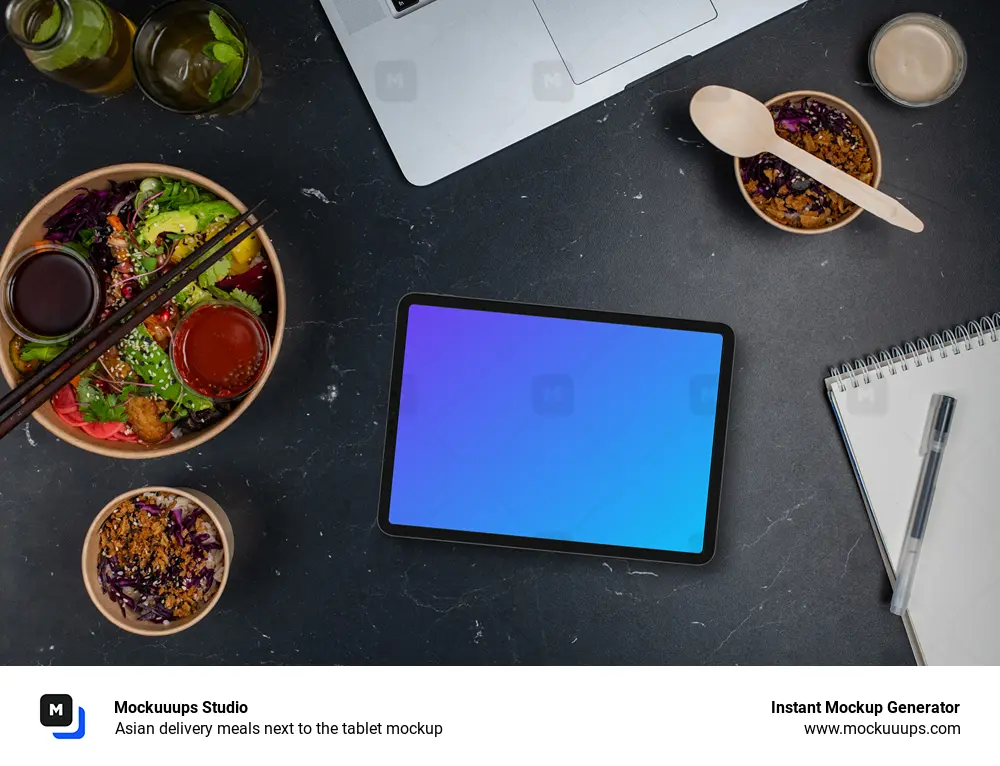 Asian delivery meals next to the tablet mockup