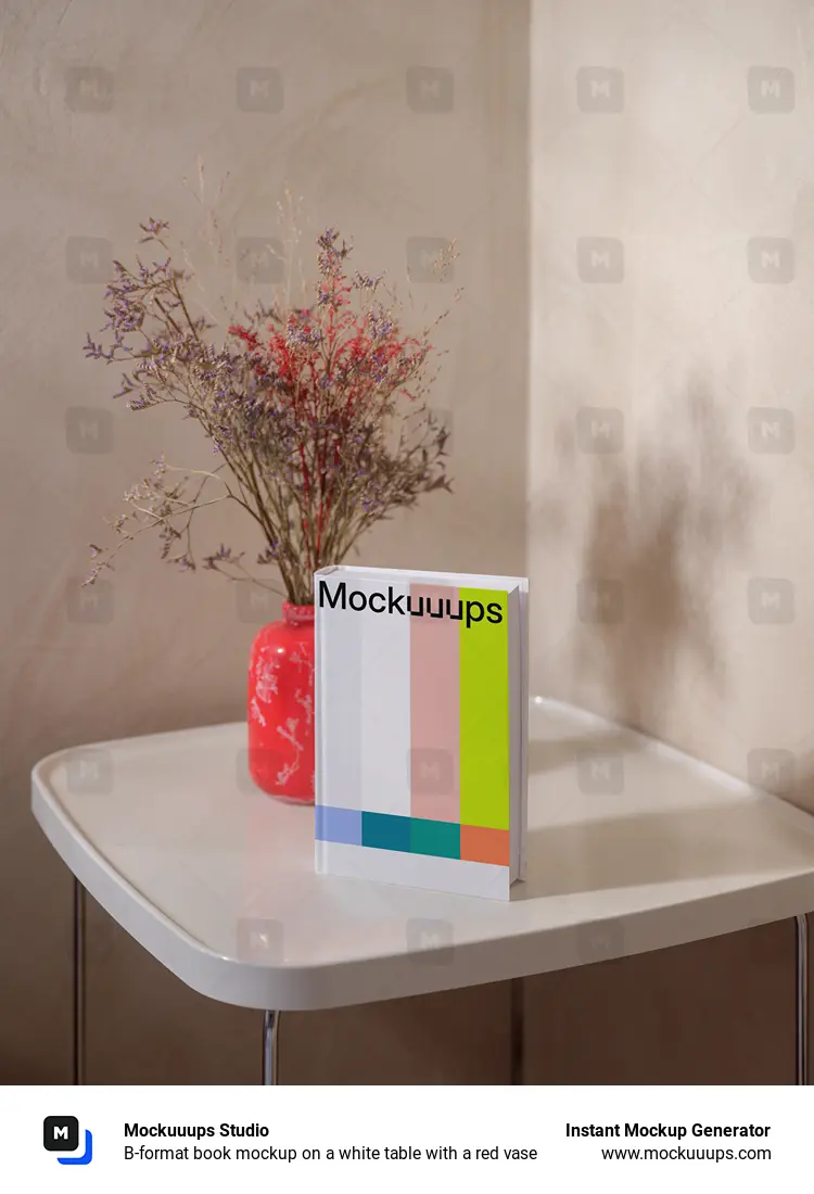 B-format book mockup on a white table with a red vase