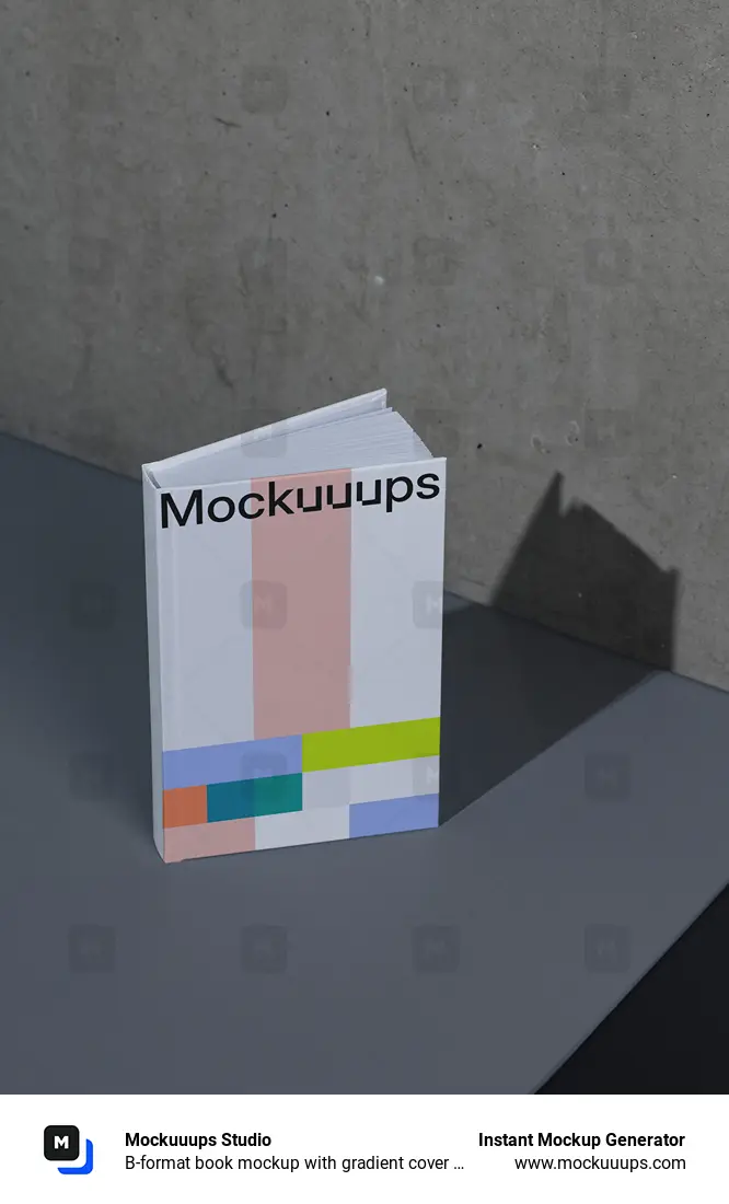 B-format book mockup with gradient cover on a modern surface