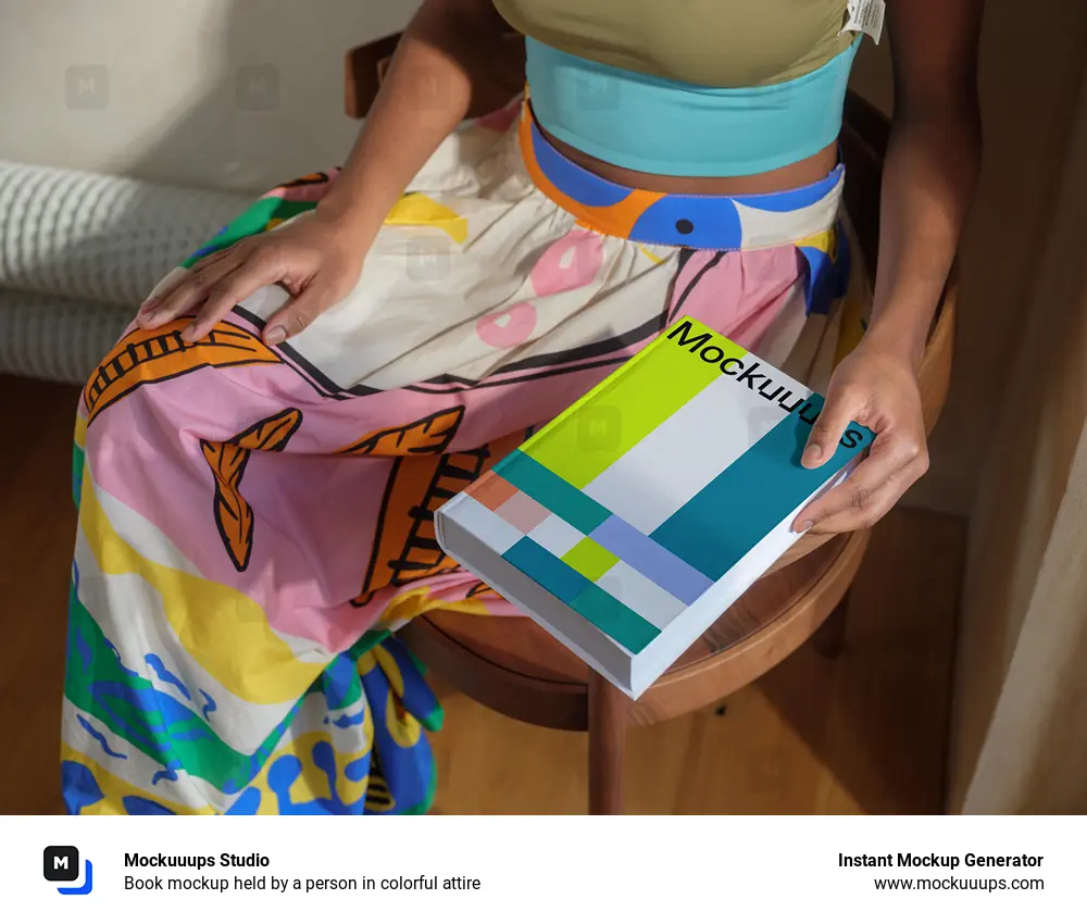Book mockup held by a person in colorful attire