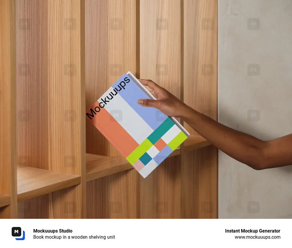 Book mockup in a wooden shelving unit
