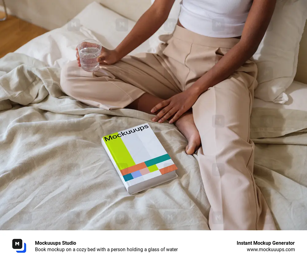 Book mockup on a cozy bed with a person holding a glass of water