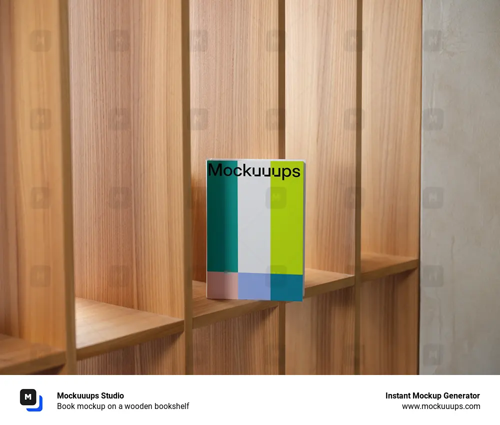 Book mockup on a wooden bookshelf