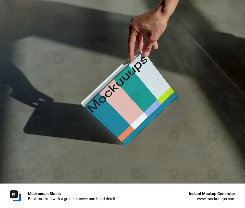 Book mockup with a gradient cover and hand detail