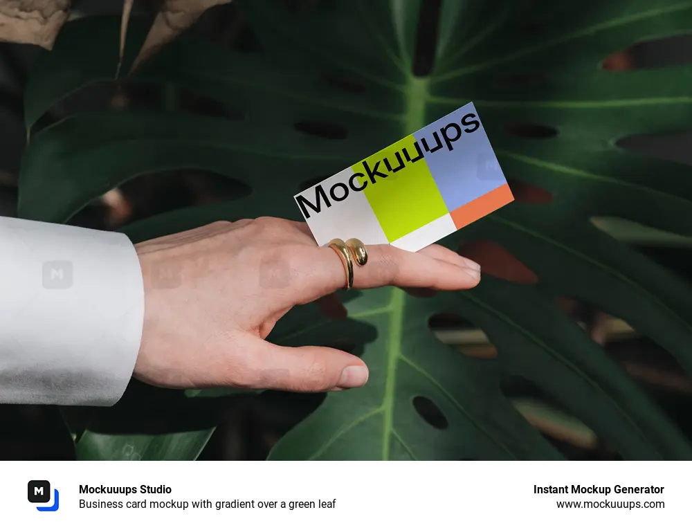 Business card mockup with gradient over a green leaf