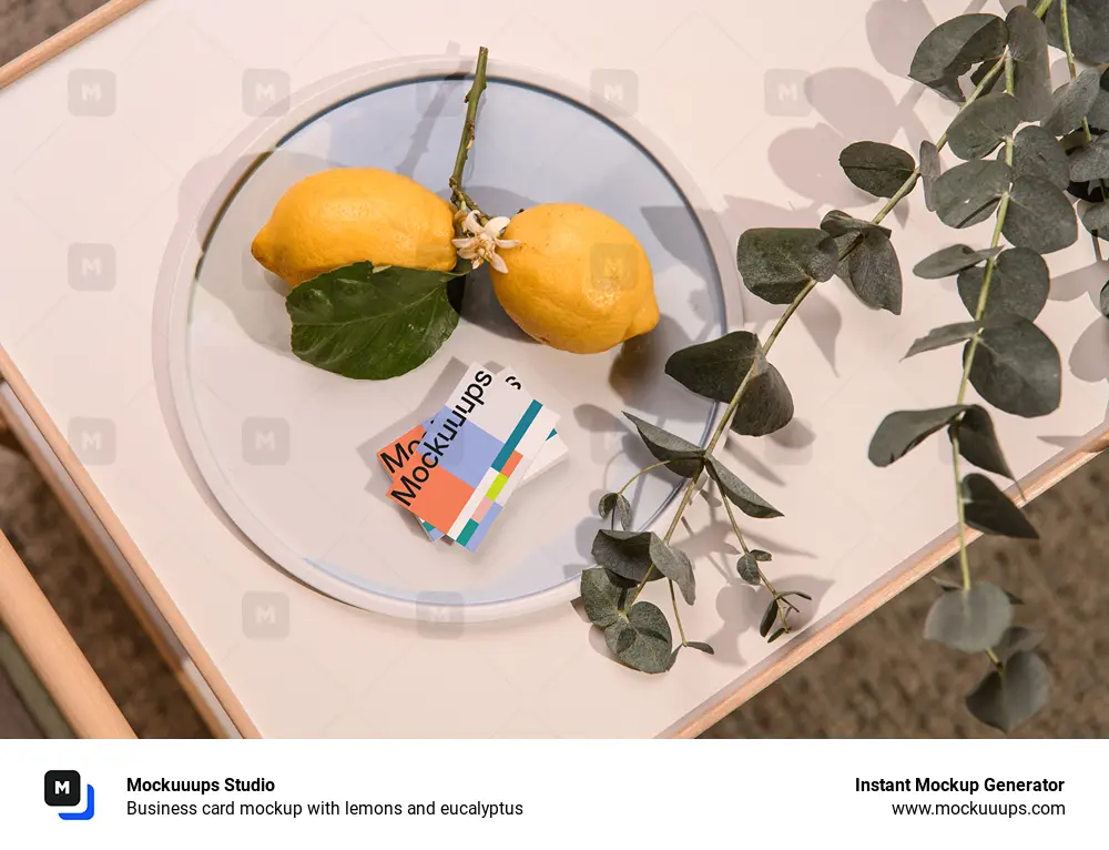 Business card mockup with lemons and eucalyptus