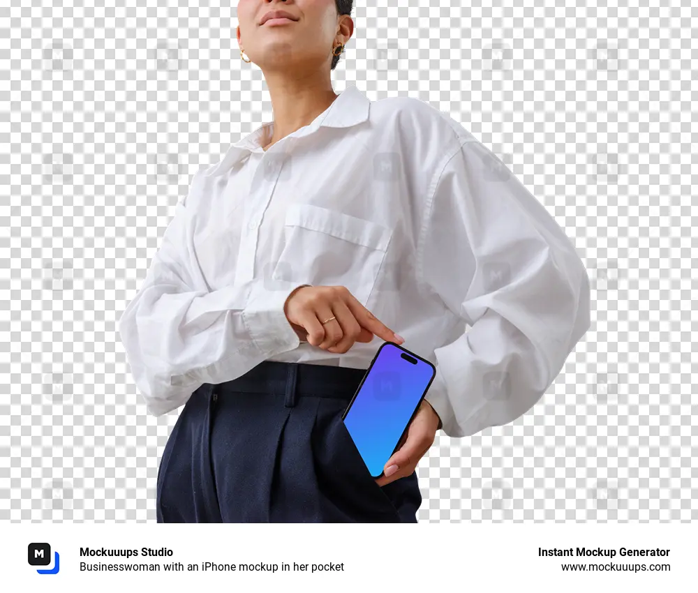 Businesswoman with an iPhone mockup in her pocket