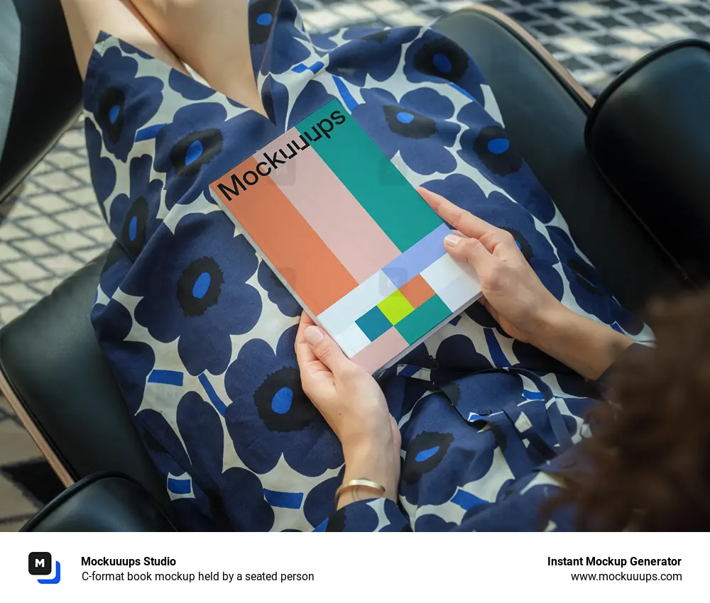 C-format book mockup held by a seated person