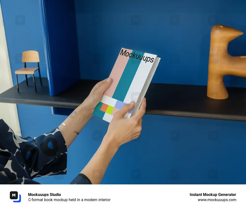 C-format book mockup held in a modern interior