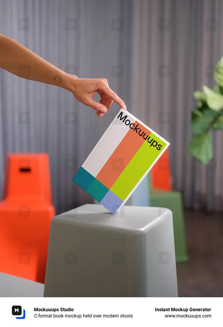 C-format book mockup held over modern stools