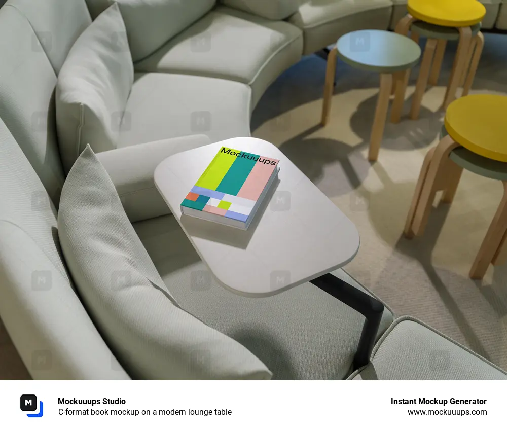 C-format book mockup on a modern lounge table