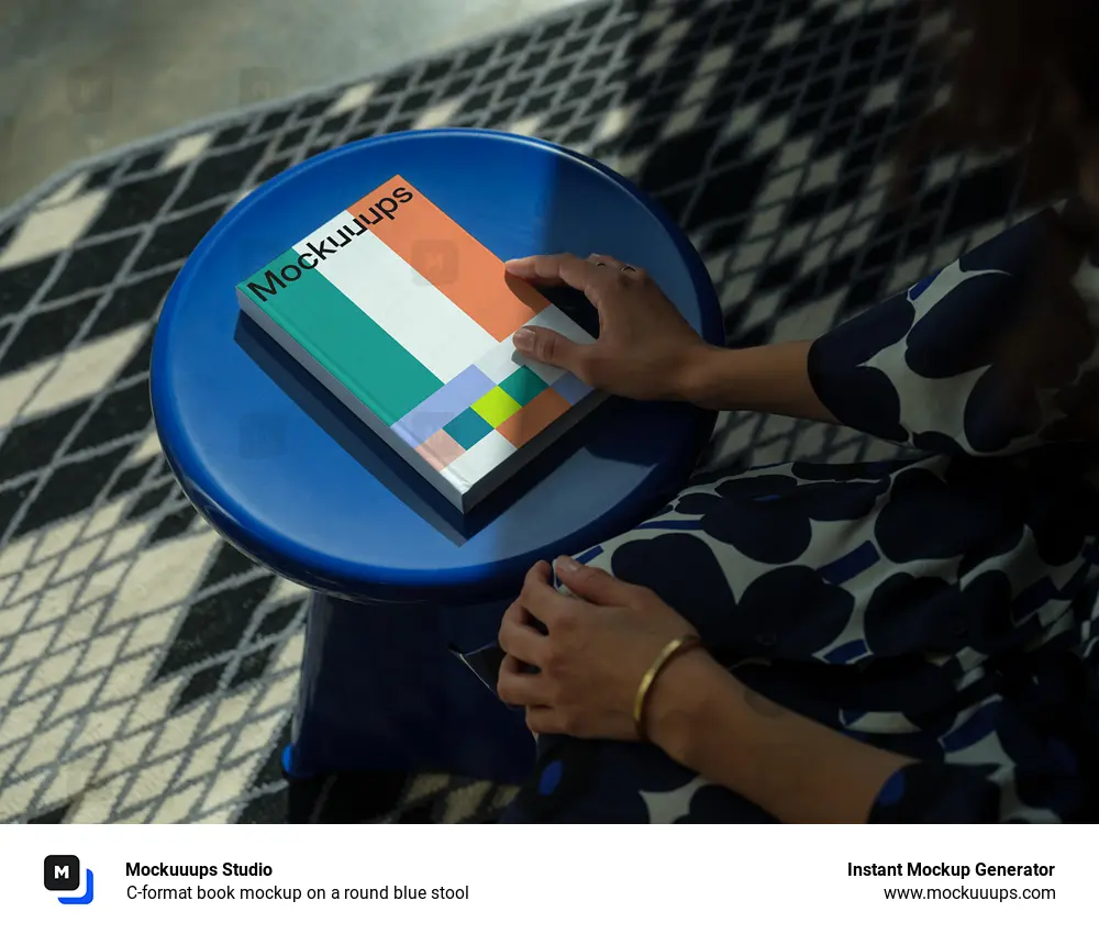 C-format book mockup on a round blue stool