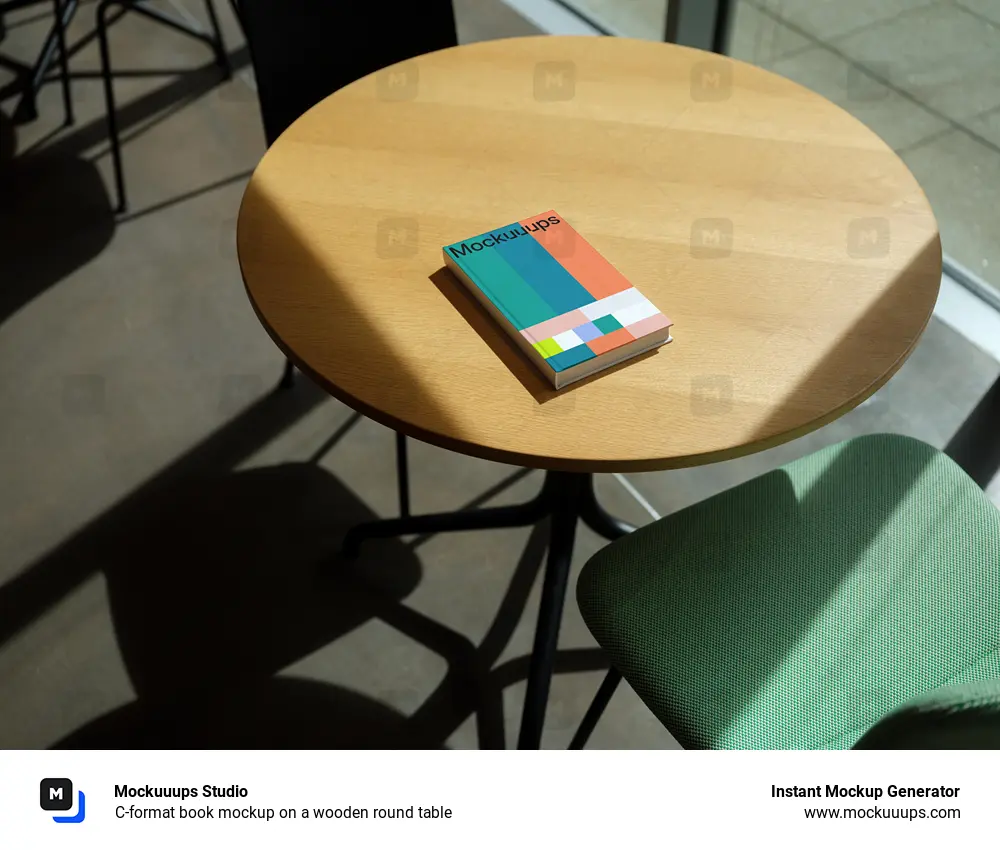 C-format book mockup on a wooden round table