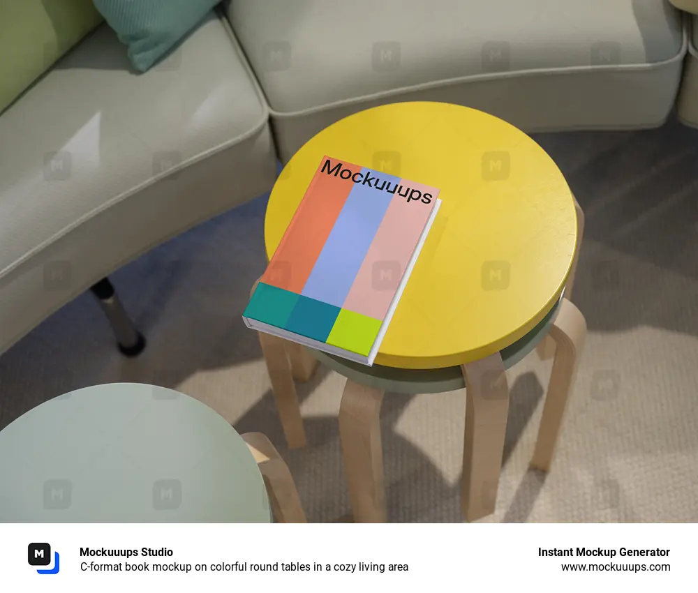 C-format book mockup on colorful round tables in a cozy living area