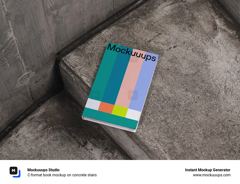 C-format book mockup on concrete stairs