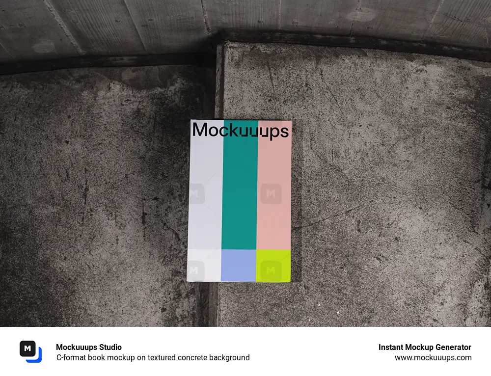 C-format book mockup on textured concrete background