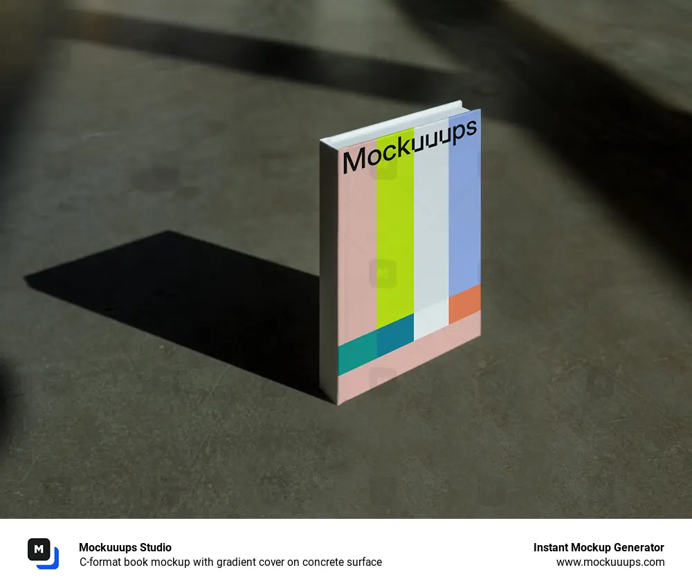 C-format book mockup with gradient cover on concrete surface