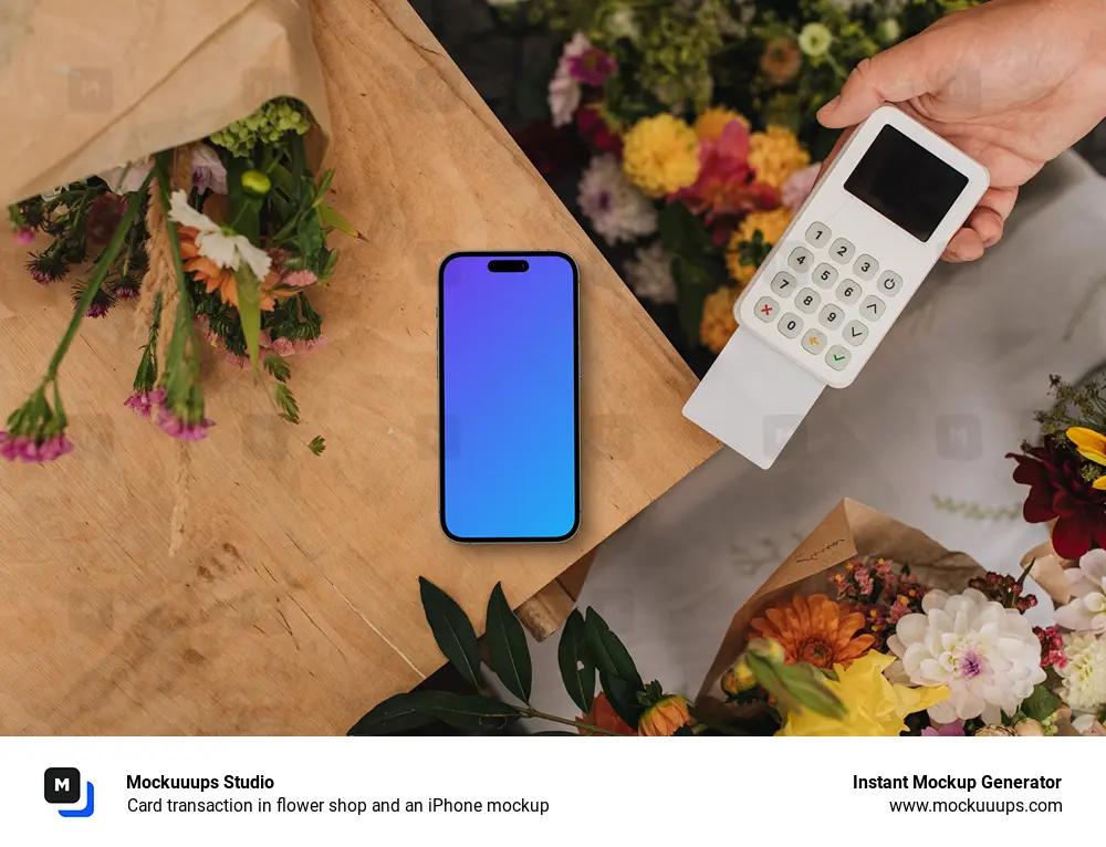 Card transaction in flower shop and an iPhone mockup