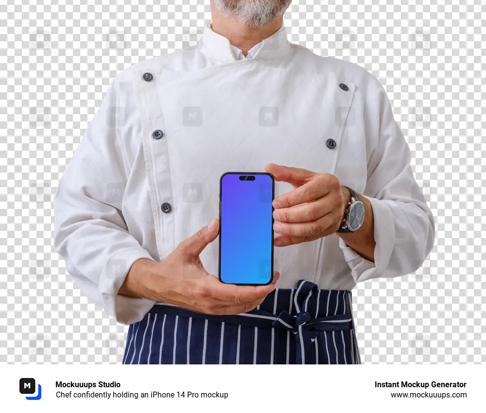 Chef confidently holding an iPhone 14 Pro mockup