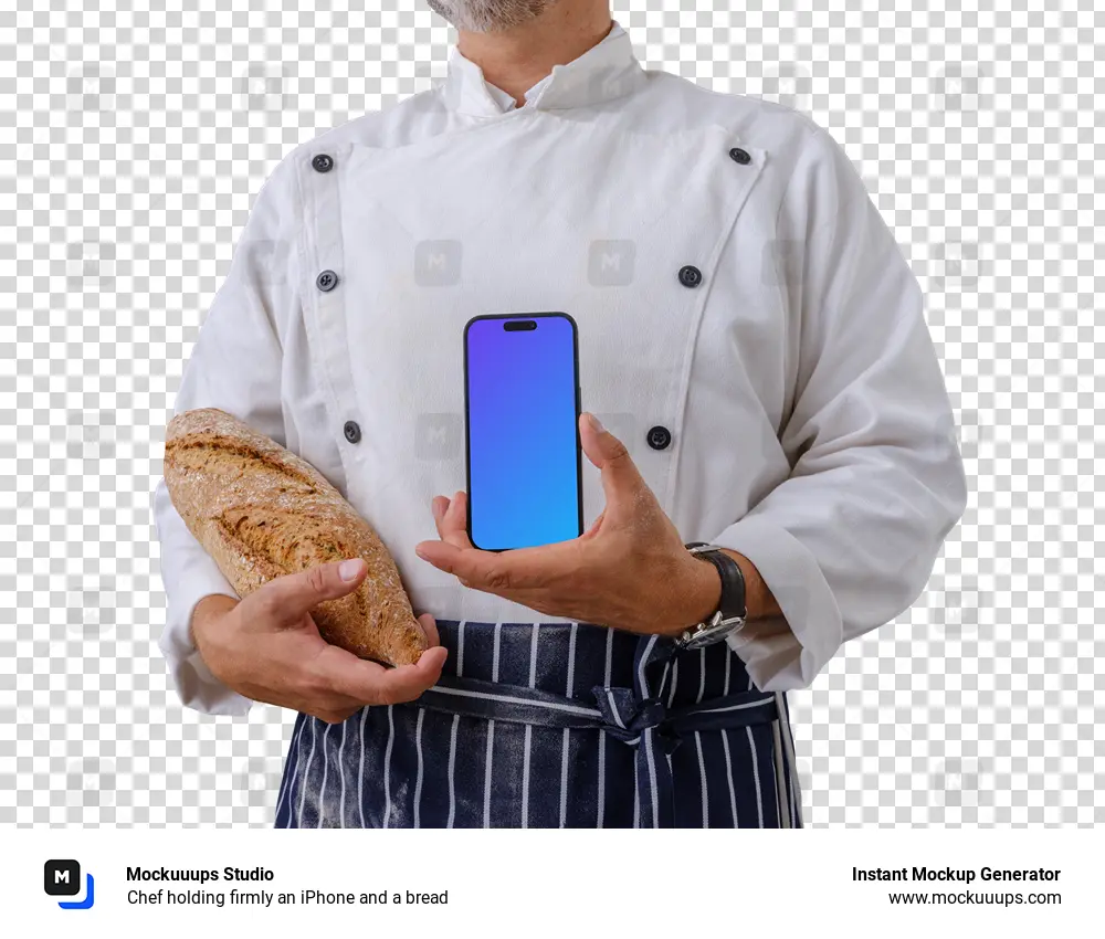 Chef holding firmly an iPhone and a bread