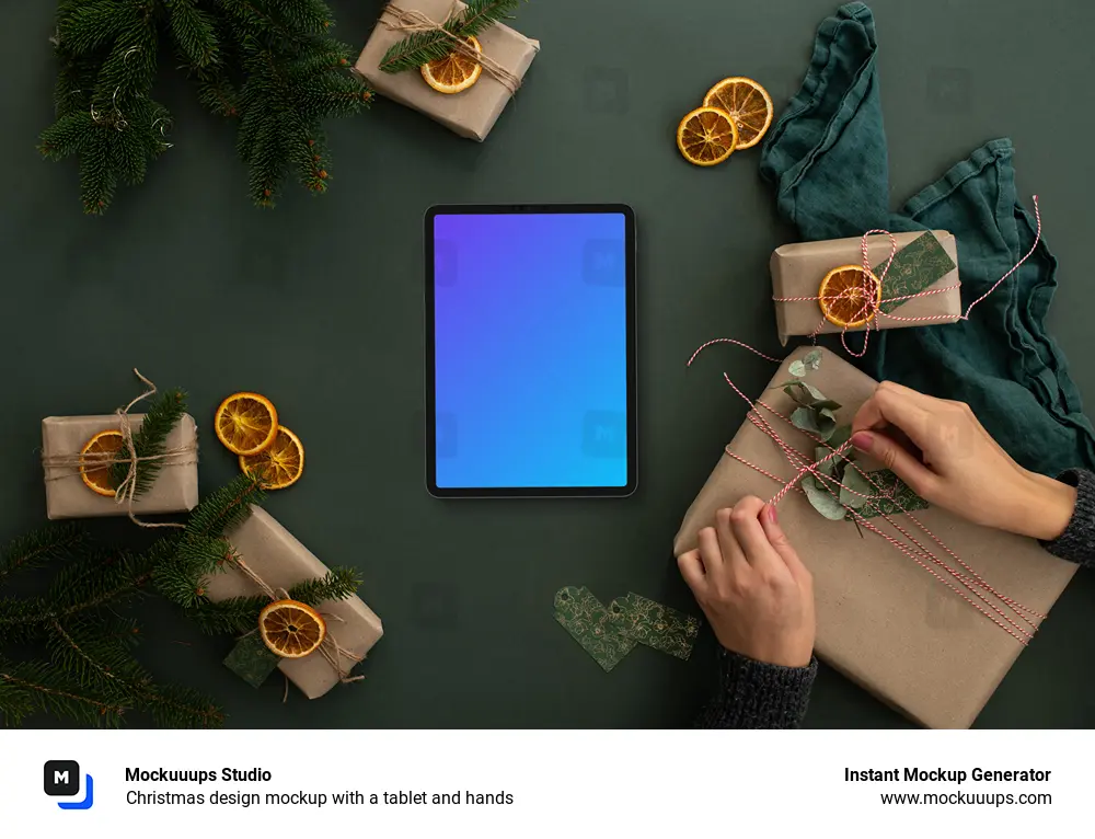 Christmas design mockup with a tablet and hands