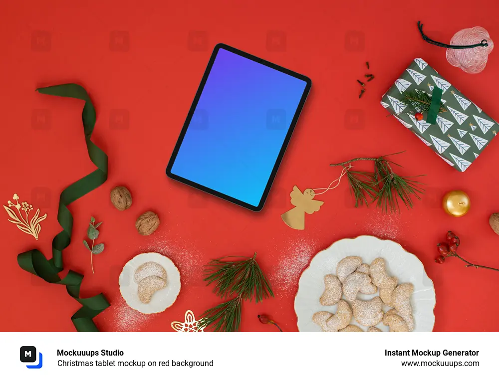 Christmas tablet mockup on red background