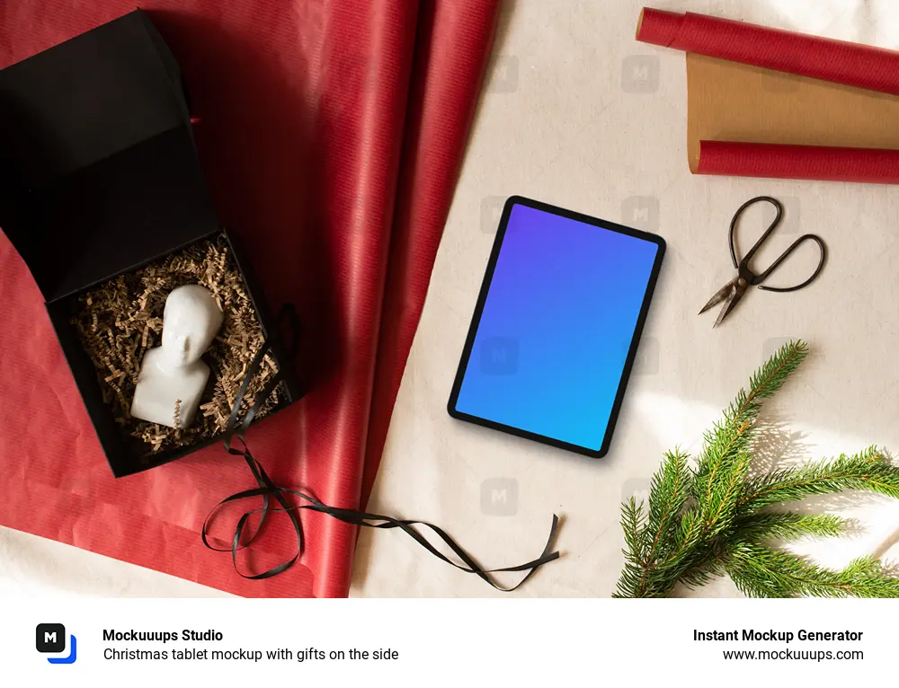 Christmas tablet mockup with gifts on the side