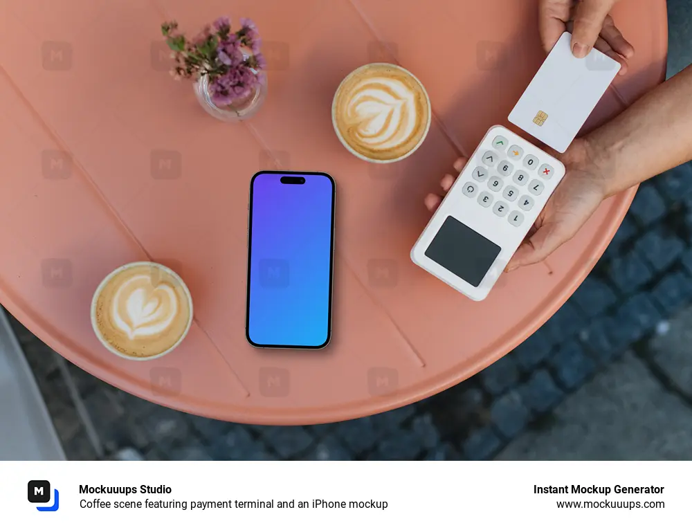 Coffee scene featuring payment terminal and an iPhone mockup
