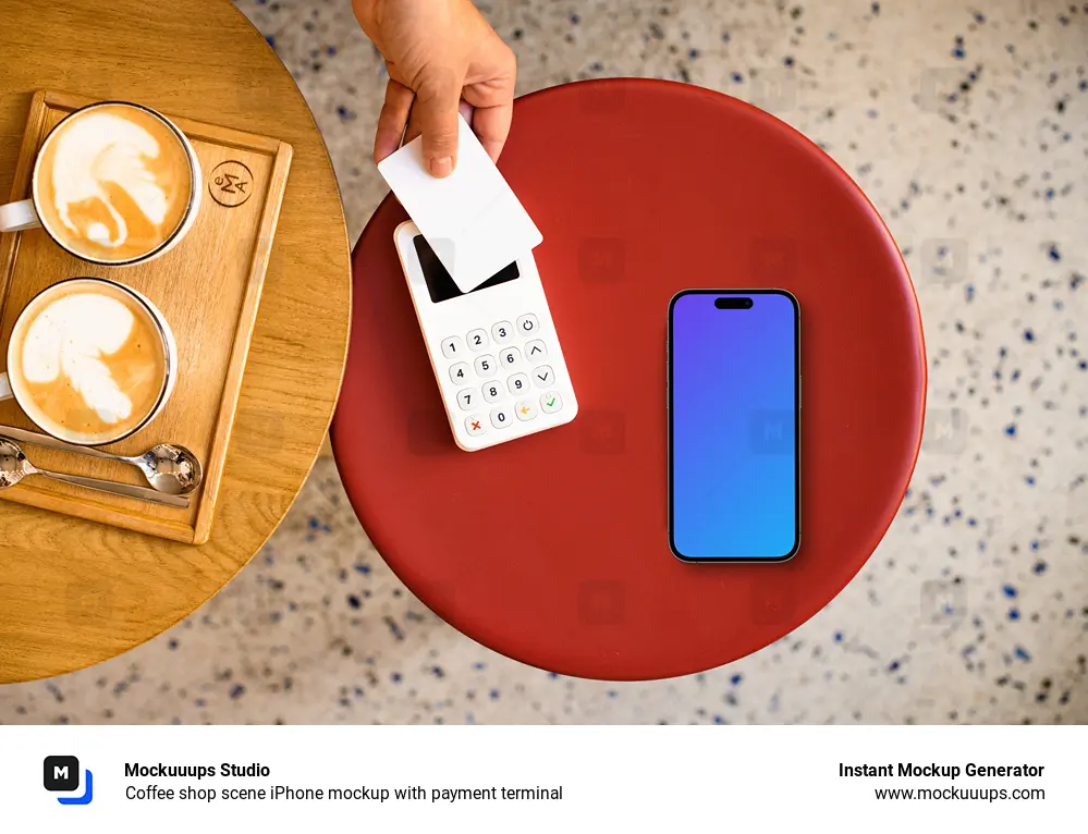 Coffee shop scene iPhone mockup with payment terminal