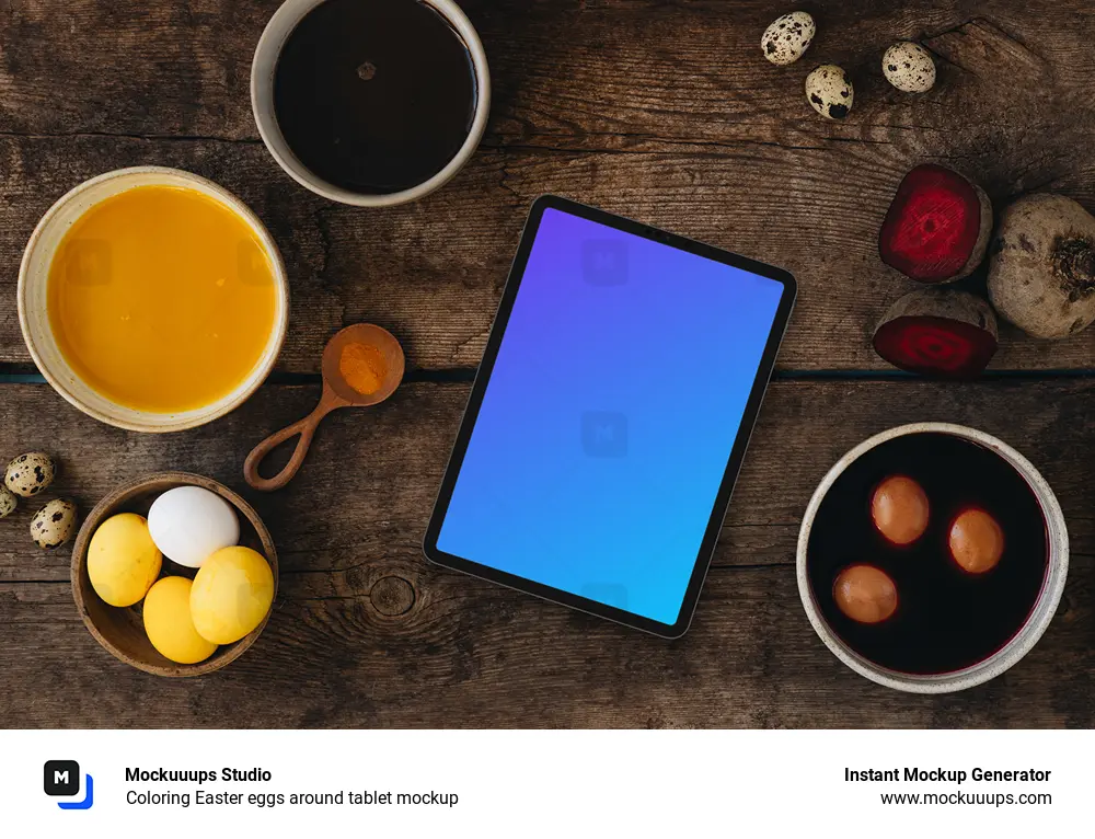 Coloring Easter eggs around tablet mockup
