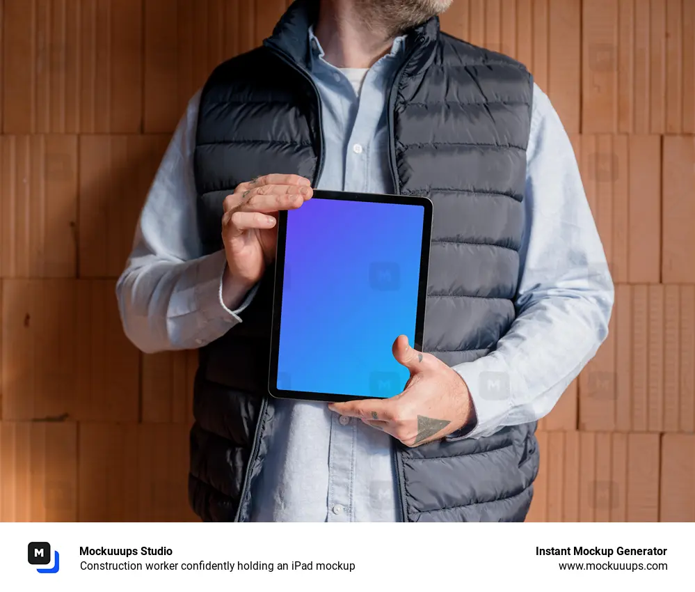 Construction worker confidently holding an iPad mockup