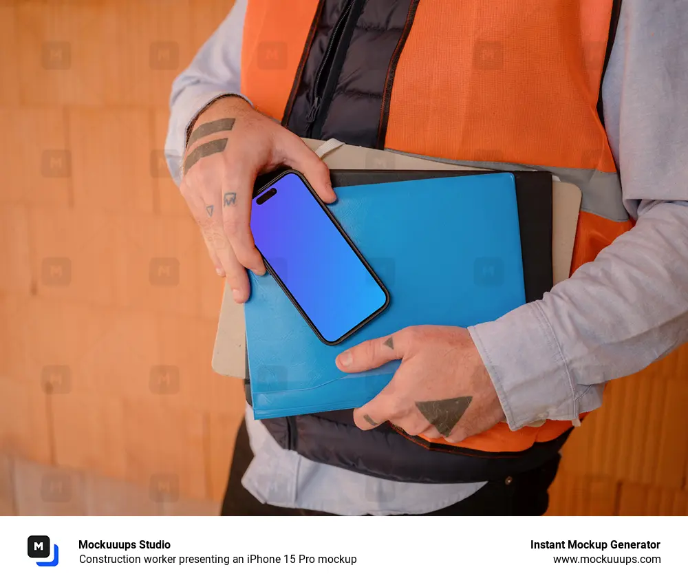 Construction worker presenting an iPhone 15 Pro mockup