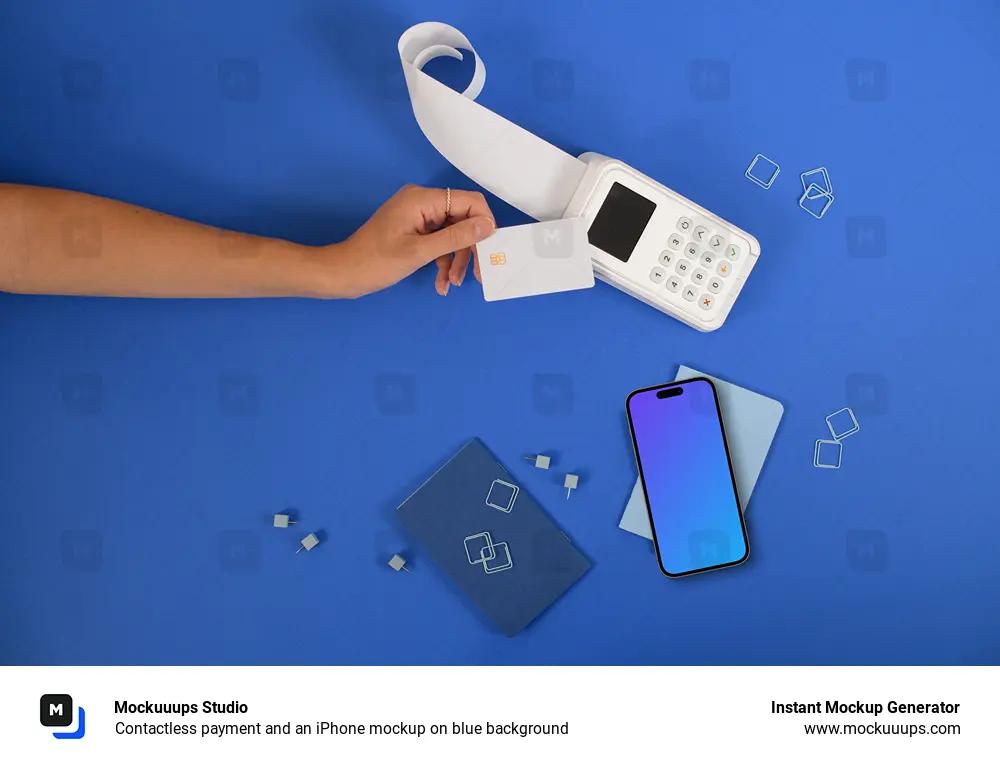 Contactless payment and an iPhone mockup on blue background