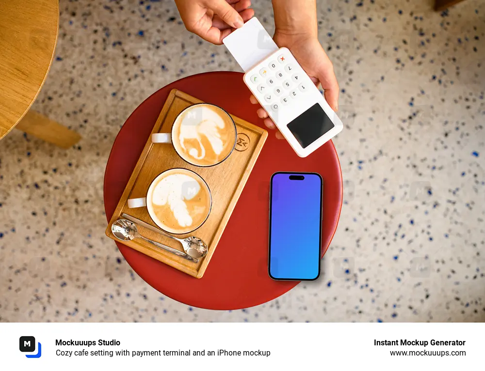 Cozy cafe setting with payment terminal and an iPhone mockup
