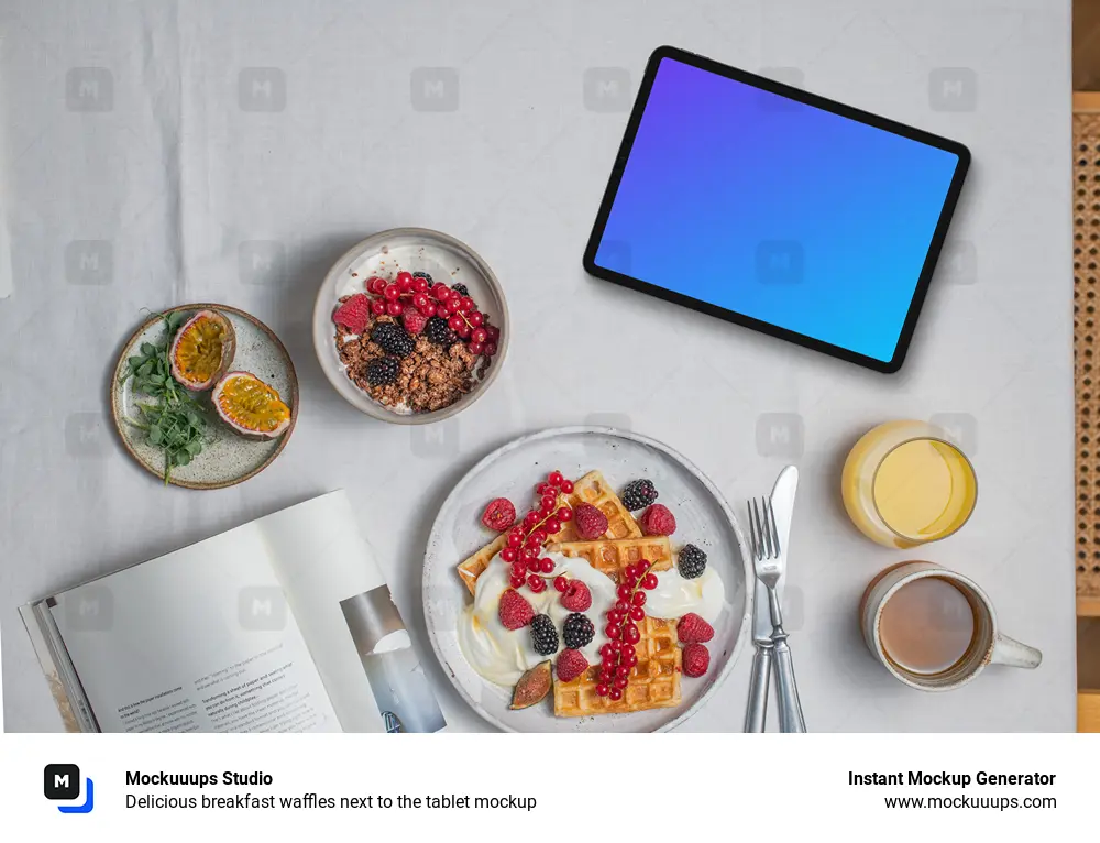 Delicious breakfast waffles next to the tablet mockup
