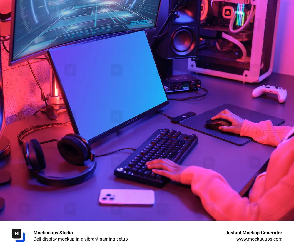 Dell display mockup in a vibrant gaming setup