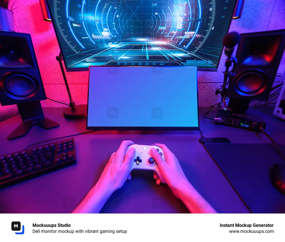 Dell monitor mockup with vibrant gaming setup