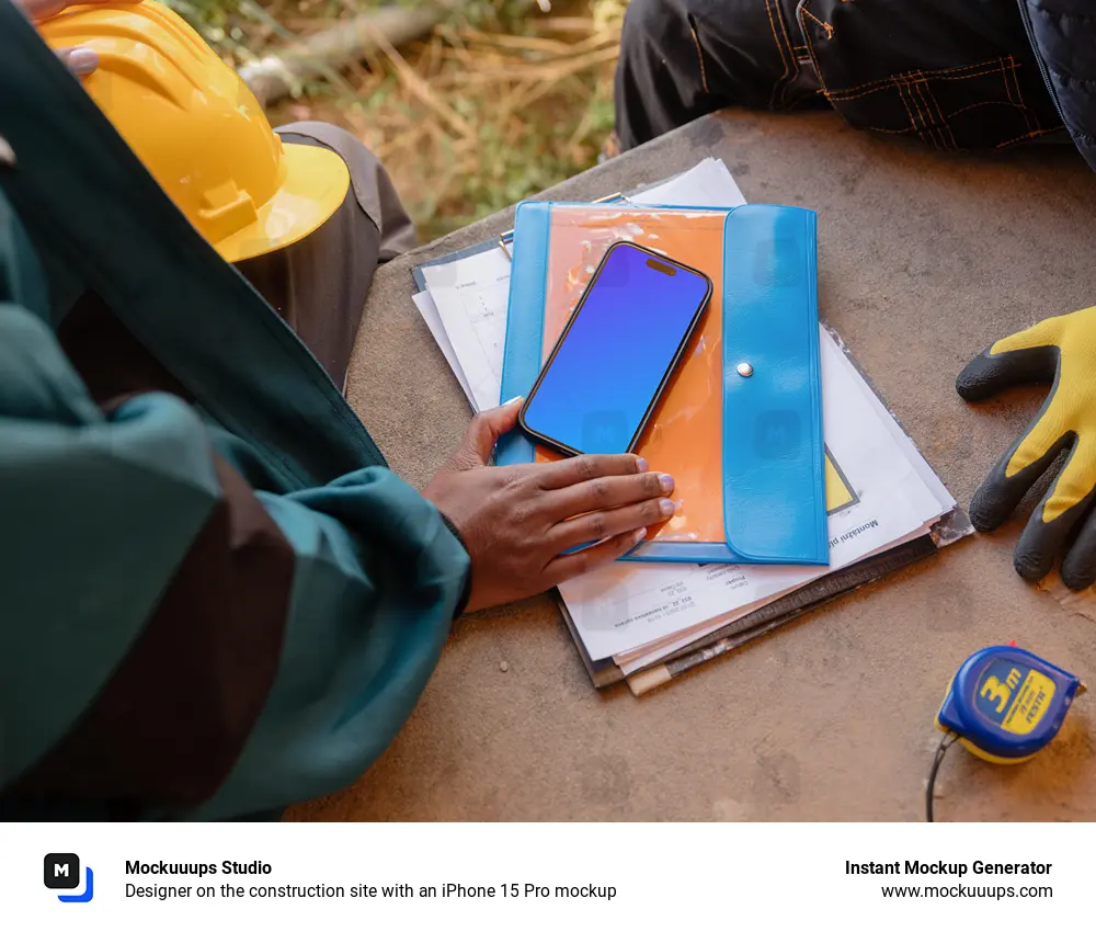 Designer on the construction site with an iPhone 15 Pro mockup