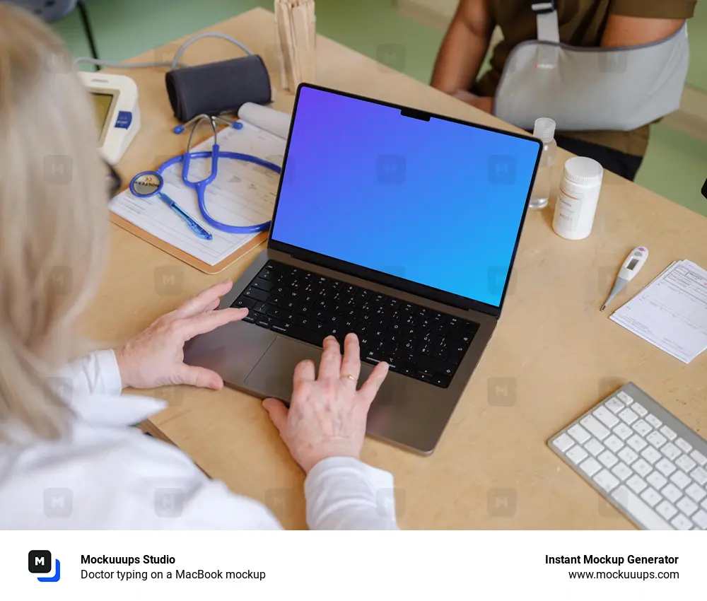 Doctor typing on a MacBook mockup