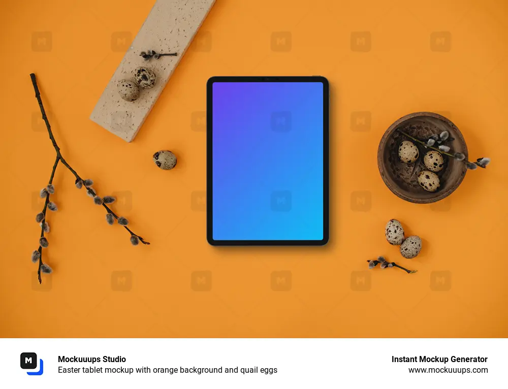 Easter tablet mockup with orange background and quail eggs