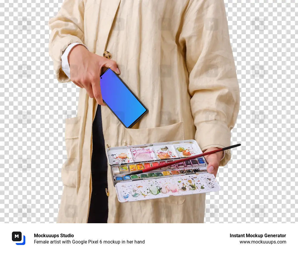 Female artist with Google Pixel 6 mockup in her hand
