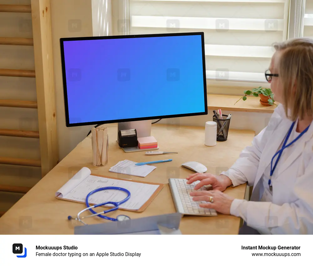 Female doctor typing on an Apple Studio Display