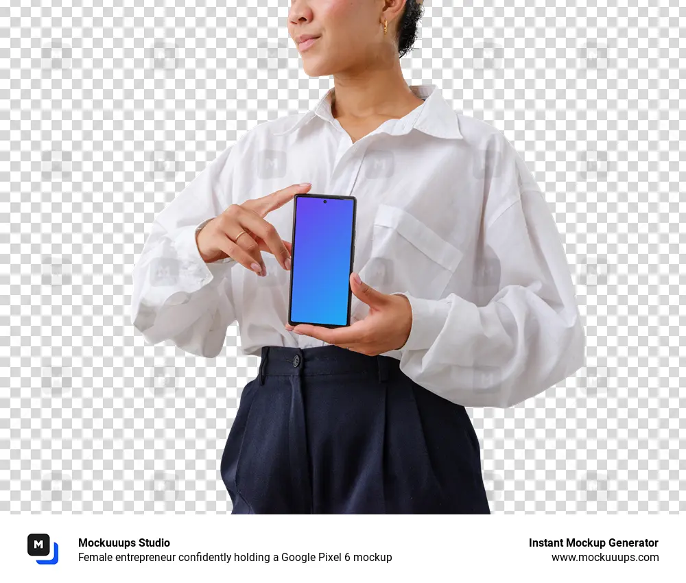 Female entrepreneur confidently holding a Google Pixel 6 mockup