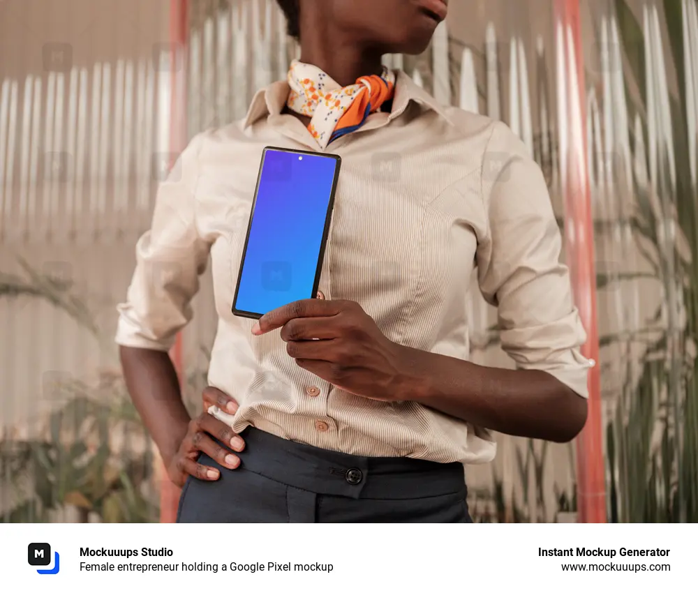 Female entrepreneur holding a Google Pixel mockup