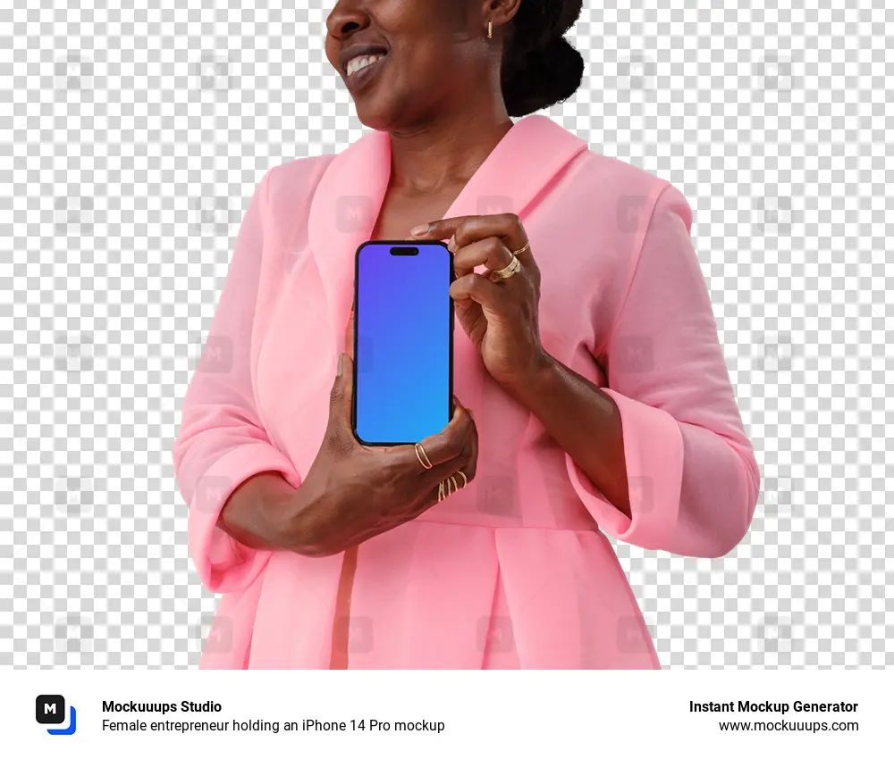 Female entrepreneur holding an iPhone 14 Pro mockup