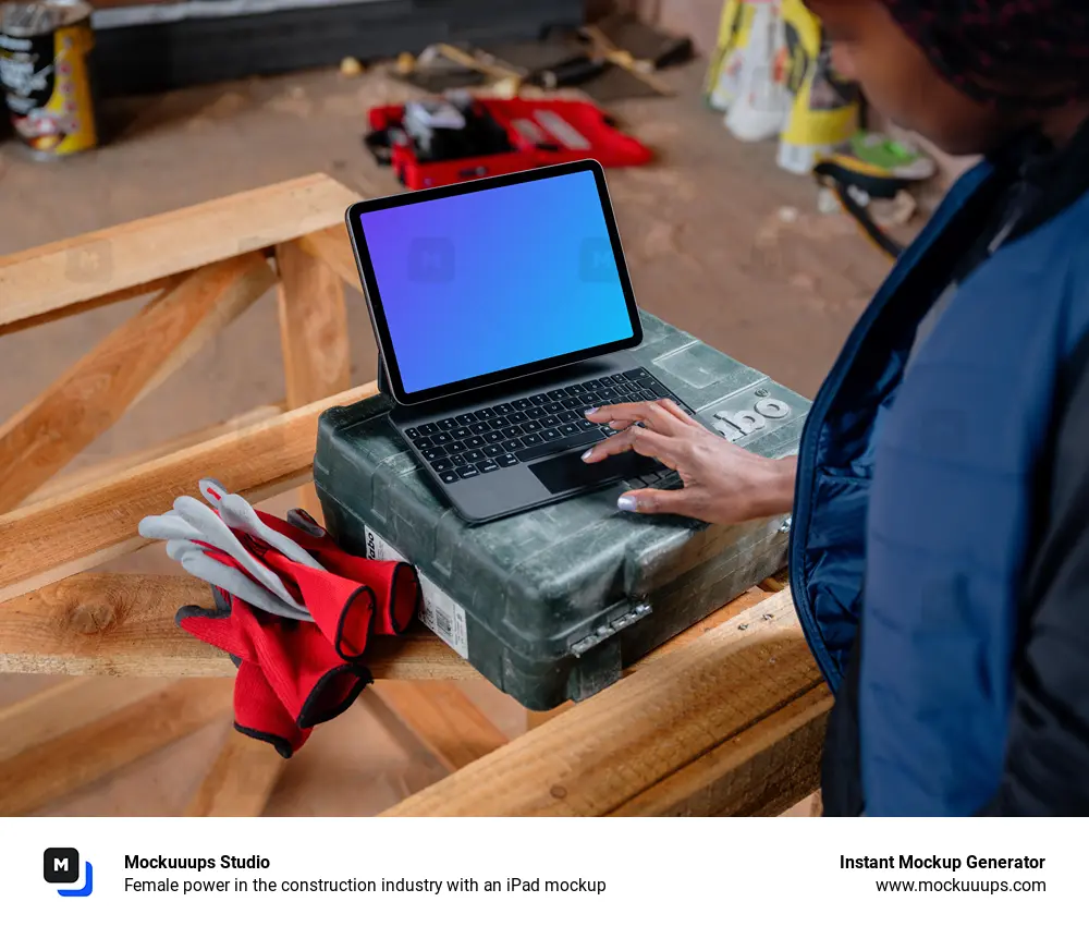 Female power in the construction industry with an iPad mockup