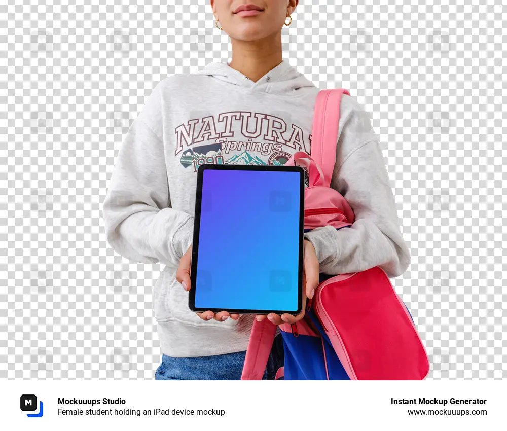 Female student holding an iPad device mockup