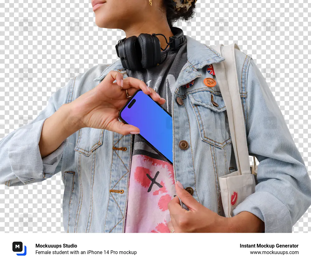 Female student with an iPhone 14 Pro mockup