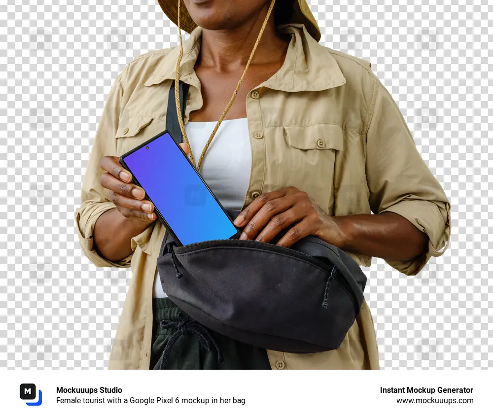 Female tourist with a Google Pixel 6 mockup in her bag